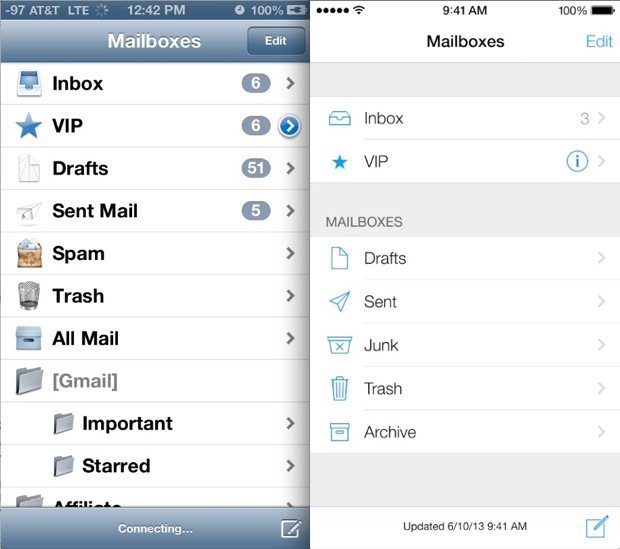 iOS 7 vs iOS 6 Mail